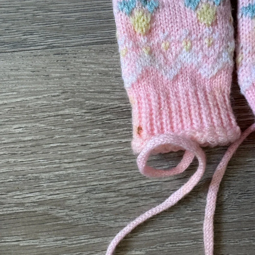 Vintage Pink Fair Isle Knit Baby Hat and String Mitten Set Pom Pom Ear Flaps